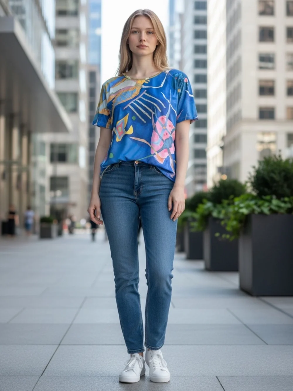 Women's Blue Abstract Short Sleeve Tee by Esprit